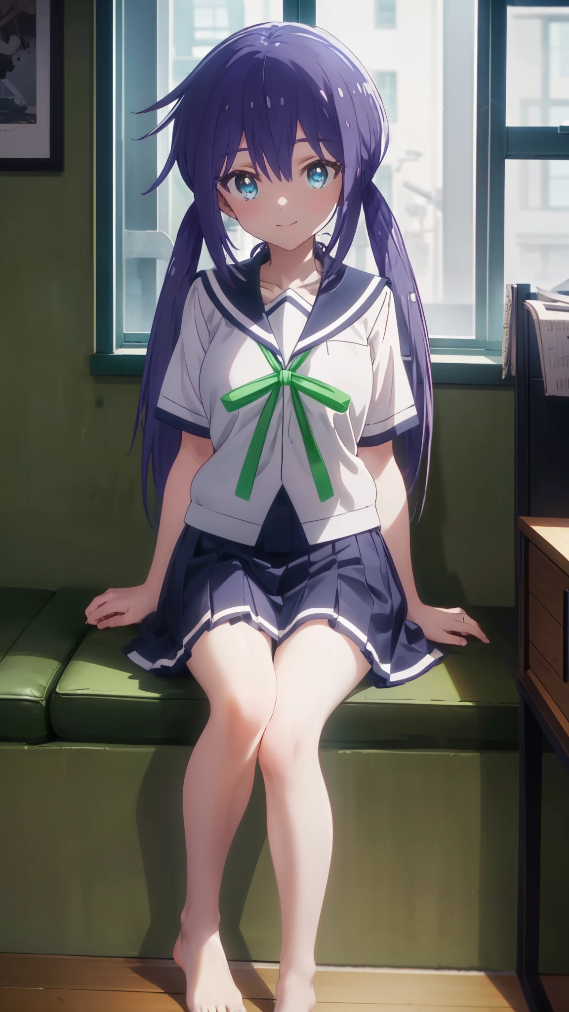 Ao Manaka, long hair, blue hair, (blue eyes:1.5), smile,smile,Sailor suit, Short sleeve_uniform, uniform, green_ribbon, Navy Blue_skirt,The front is open,barefoot,window　building street,Sunlight through the gap between buildings,morning,sunrise,sitting,
BREAK indoors, living,
BREAK looking at viewer,
BREAK (masterpiece:1.2), highest quality, High resolution, unity 8k wallpaper, (figure:0.8), (detailed and beautiful eyes:1.6), highly detailed face, perfect lighting, Very detailed CG, (perfect hands, perfect anatomy),