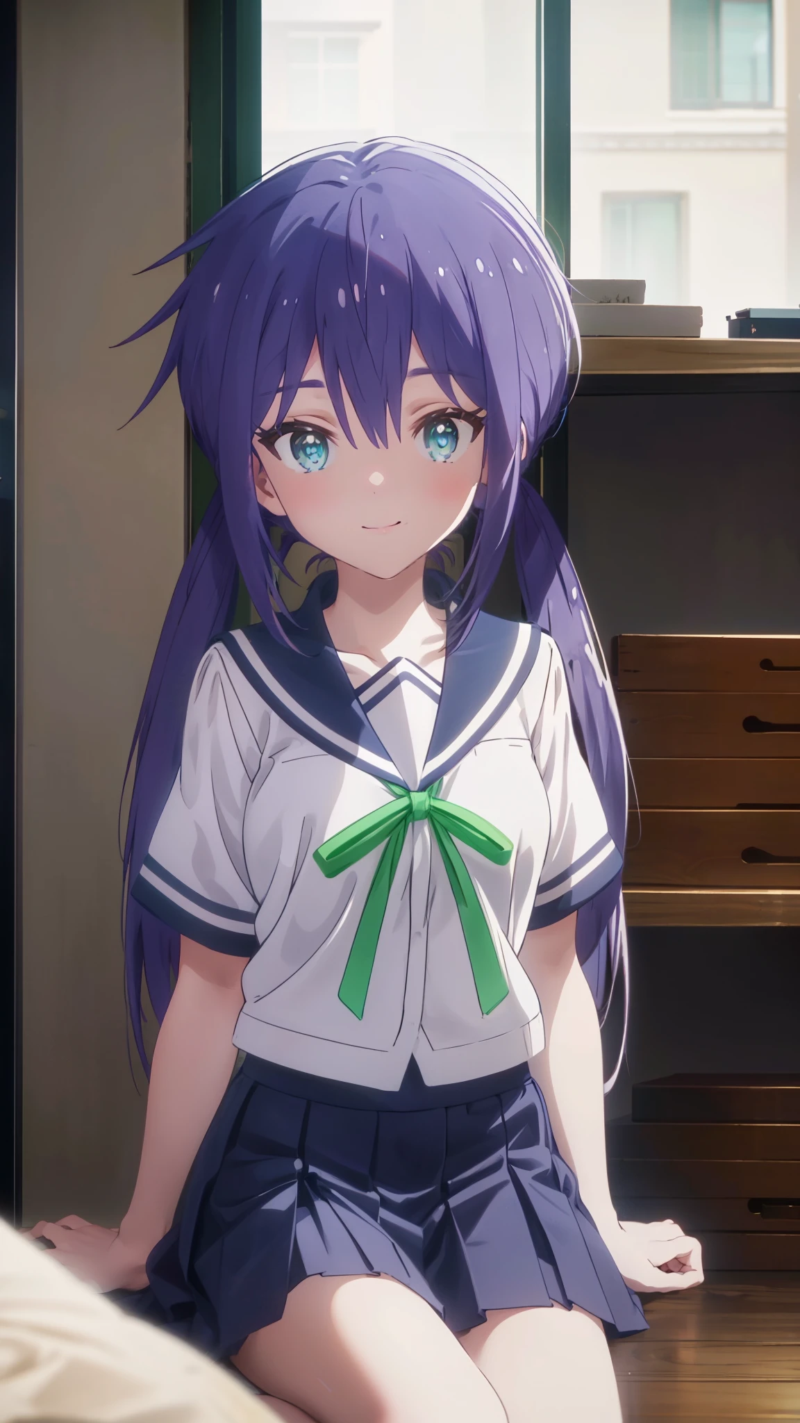 Ao Manaka, long hair, blue hair, (blue eyes:1.5), smile,smile,Sailor suit, Short sleeve_uniform, uniform, green_ribbon, Navy Blue_skirt,The front is open,barefoot,window　building street,Sunlight through the gap between buildings,morning,sunrise,sitting,
BREAK indoors, living,
BREAK looking at viewer,
BREAK (masterpiece:1.2), highest quality, High resolution, unity 8k wallpaper, (figure:0.8), (detailed and beautiful eyes:1.6), highly detailed face, perfect lighting, Very detailed CG, (perfect hands, perfect anatomy),