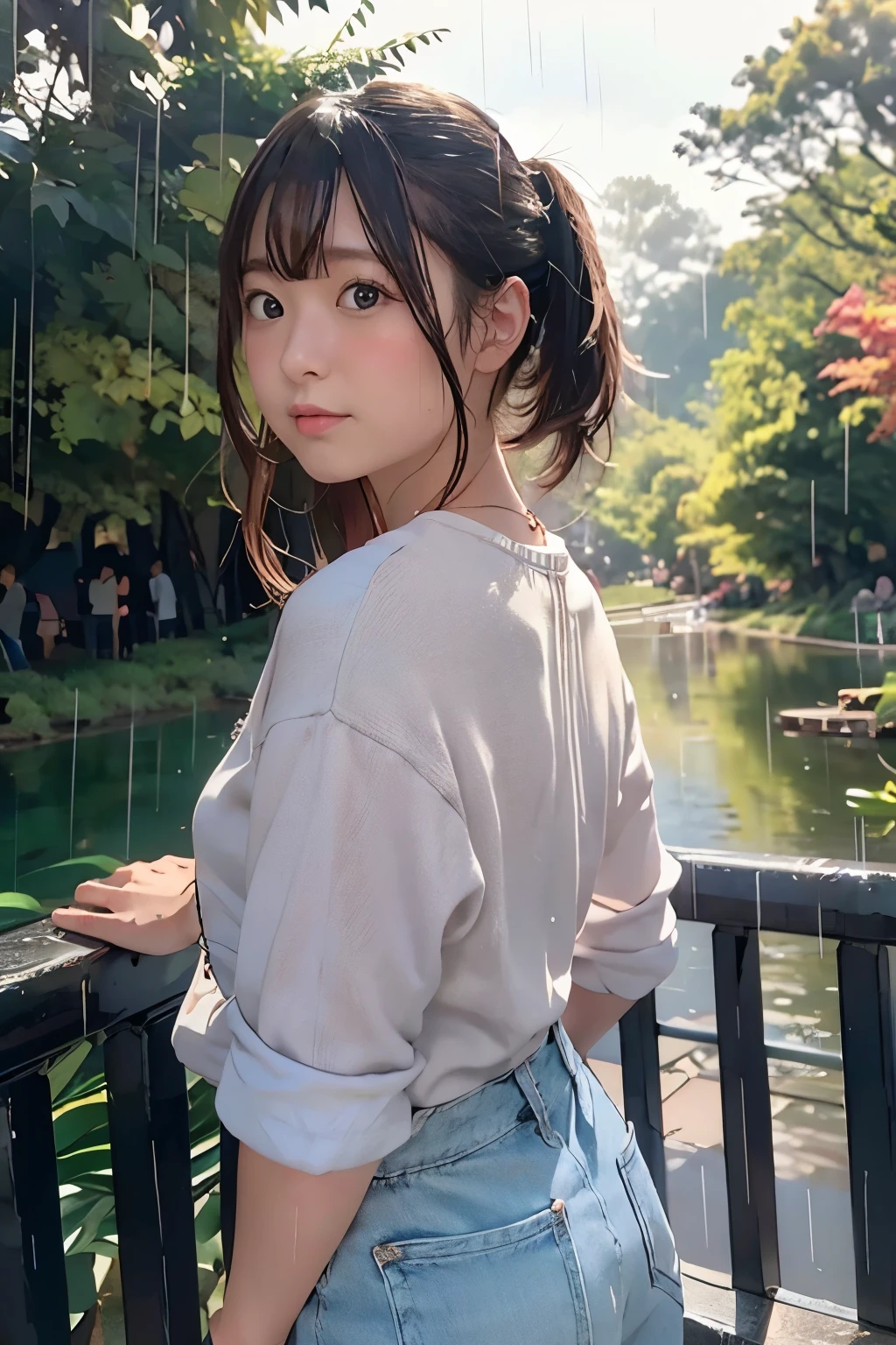 8K, RAW Photo, Best Quality, Masterpiece, Realistic, PhotoRealistic, Extremely Detailed 8K Wallpaper, Beautifully Detailed Eyes, Finely Detailed Face, 
 BREAK 
Cinematic Lighting, 
 BREAK 
Intense Raining Dark Forest, 
 BREAK 
Perfectly Anatomically Correct:1.1, 5 Beautiful Thin Finger:1.1, 
 BREAK 
rain style, 1 Girl without Umbrella, 
Very Short Ponytail Hair:1.1, Forehead:1.1, Symmetrical Clear Eyes:1.0, Captivating Eye Reflections:1.0, 
Kawaii:1.1, Chocolate Color Eyes, Wide-Set Eyes, Tareme, Embarrassed, (Round Face, Round Chin), 
Wet Hair, High-, [Japanese], 
Wearing Random SHIMAMURA Early September Clothes, 
Medium Buttocks Upturned:1.0, Beautiful Ideal Spherical Shape Buttocks:1.0, 
Upward Facing Small Breasts:1.0, 
Looking Back Viewer, Lean back:1.2, 
 BREAK 
SFW:1.0, 
 BREAK 
from Behind:1.0, from Bellow:1.0, from Left Side:1.0, POV Shot, Bokeh:1.2