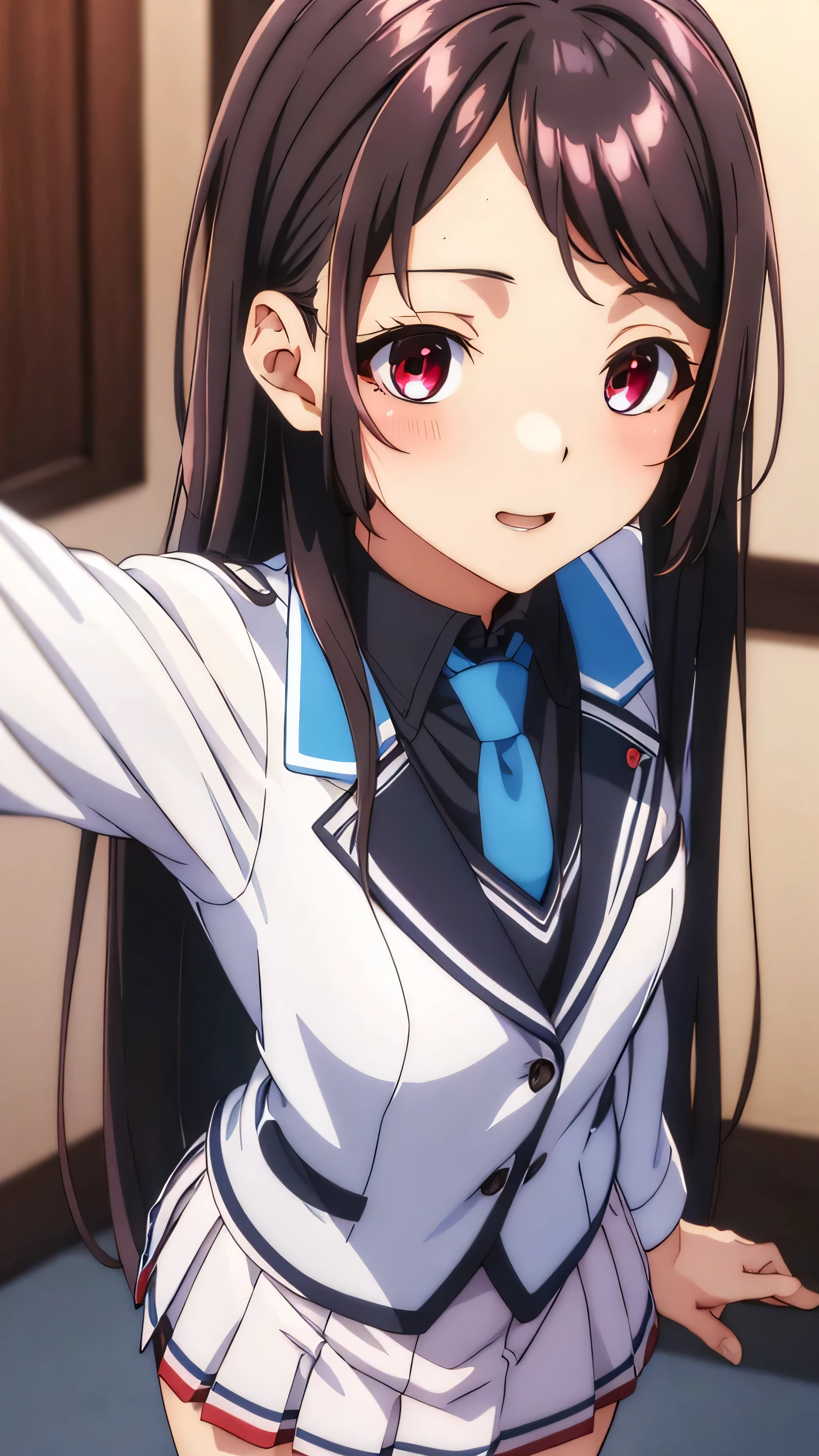 Show your armpits,Kaori Hojo, girl, (masterpiece: 1.1), (highest quality: 1.1), red eyes, long hair, cute smile, blush, parted lips,((school uniform), jacket, sleeve, tie, white skirt),  pantyhose, loafers, school room, ((cute posing:1.1, looking  at viewer:1.1)), (close-up:1.2, cinematic angle:1.1), gravure,