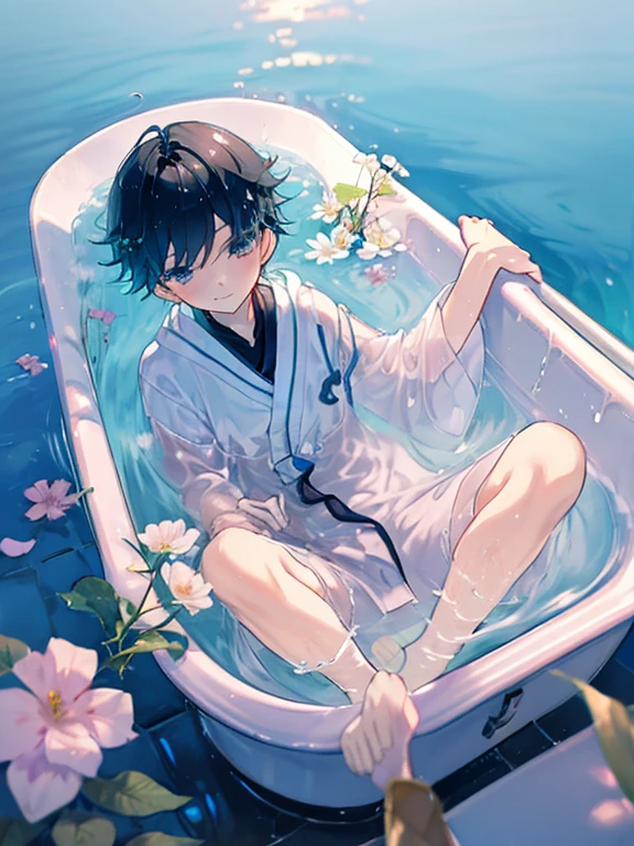 a young boy in a bath, boy submerged in a bathtub, water, flowers in the bathtub, colorful, beautiful, water, transparent feeling, boy wearing a shirt or bathrobe, boy's clothes are open, boy with black hair, one boy, sense of light, crystals in the bathtub