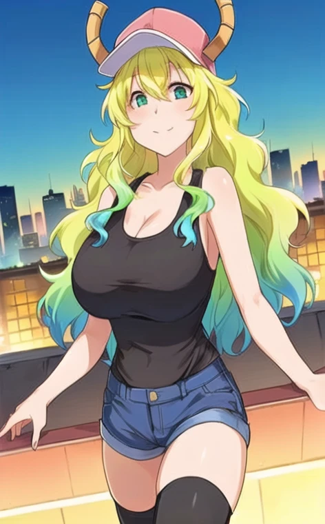 long wavy hair with green and blue gradient, black tank top, denim shorts, black thigh high stockings, pose casual, outdoor rooftop urban scene, night sky with buildings in the background, warm ambient lighting, Light from the left, relaxed atmosphere, Front view, shallow depth of field, sharp focus on the subject.