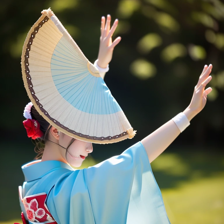 Photo-realistic quality、Dancing the Awa Odori dance in traditional light blue kimonos、straw hat、wood々Outdoors surrounded by, Raising her hands in an elegant pose, Natural light and soft shadows, Quiet and cultural atmosphere, Mid shot with focus on the subject、White Arms、Empty park、Face turned slightly to the right