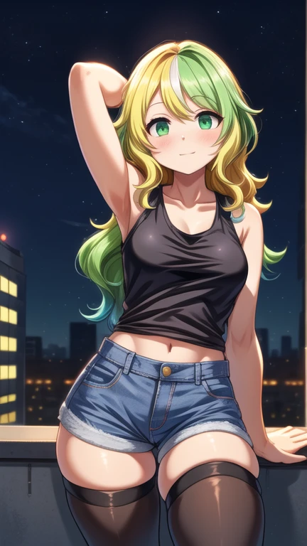 long wavy hair with green and blue gradient, black tank top, denim shorts, black thigh high stockings, pose casual, outdoor rooftop urban scene, night sky with buildings in the background, warm ambient lighting, Light from the left, relaxed atmosphere, Front view, shallow depth of field, sharp focus on the subject.