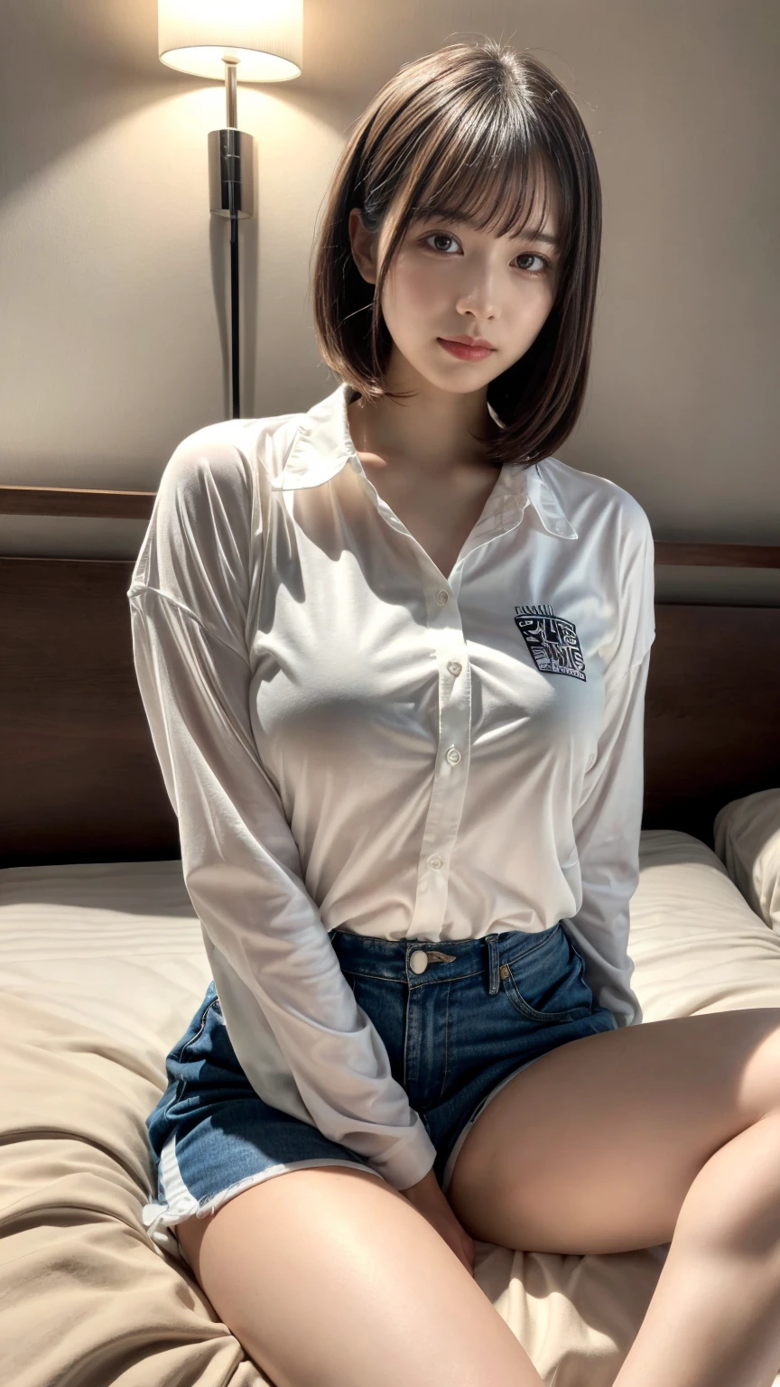 the Extremely Detailed CG Unity 8K Wallpapers、top-quality、ultra-detailliert、masterpiece、realisitic、Photo Real、extremely detailed cute girl、20yr old、(skirt rift)、((skirt lift by yourself))、Black panties、panties focus、red blush、cparted lips、looking at the viewers、Semi-body shot、Wearing a ruffled shirt、(My clothes were very wet.、seem)、(Colossal tits)、(Own room)、bluntbangs