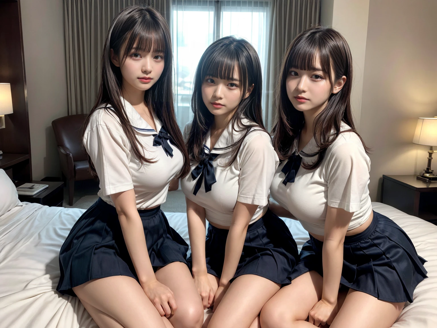 masterpiece, Highest quality, figure, Very detailed, The finer details, High resolution, 8k,wallpaper, Perfect dynamic composition,(Detailed high quality, Realistic depiction of eyes:1.3), (Three Girls), Black Sailor Suit, Seraphim, Navy Pleated Skirt, Sitting, Leg spread, Short Bob Hair, In the background a hotel room, Deep in the field, Large Breasts, Black hair color, Big Natural Color Lip, (Perfect figure), smile、Harajuku Style、Elementary school girl in Japan:1.3), Adorable expression、Expressions of happiness、10 years old、height: 145cm、Baby Face、Amazingly cute、Cute type、Beautiful feet, Idol Sculpture、Big Breasts、Erect nipples