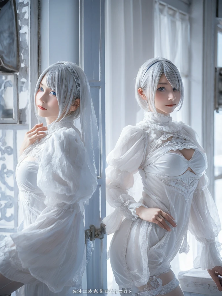 ((High quality)),masutepiece,(Detailed depiction of local details:1.2),1girl in,Blue eyes,large full breasts,Closed mouth,Eyelashes,Looking at Viewer,Portrait,Solo,Upper body,White hair,White theme,Short hair,Silver hair,shairband,Yorha No. 2 Type B,