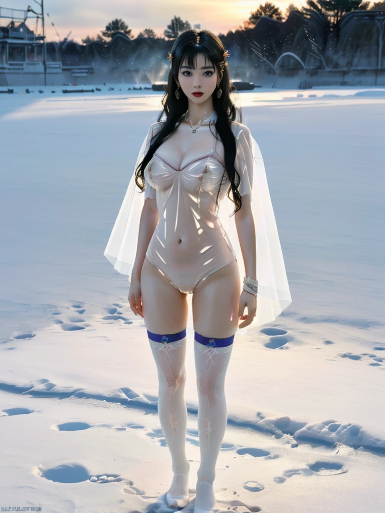 Full body shot, shocking, intricate and realistic, in a beautiful glacier with ice and snow, transparent snowflakes falling, smiling, wearing transparent silk glass, a Taiwanese beauty with transparent hair, highly detailed and ultra-minimalist body and face, Body transparent purple sunshine, fantasy atmosphere, perfect composition, ultra-fine details, cinematic, industrial light and magic reimagined, huge and round upper body