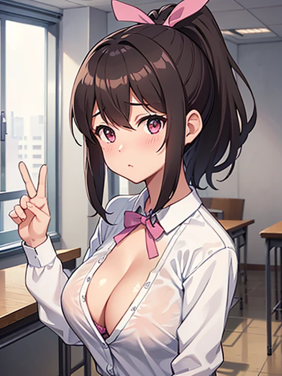 Shooting in the classroom,Show the whole body(Mastepiece,1, alone,gentlemen) (Kodama Fumika)Medium Hair,ponytail,Dark brown hair,Pink ribbon,,Big Breasts,Cleavage,White shirt to cleavage,Cleavageを見せる,Cleavage