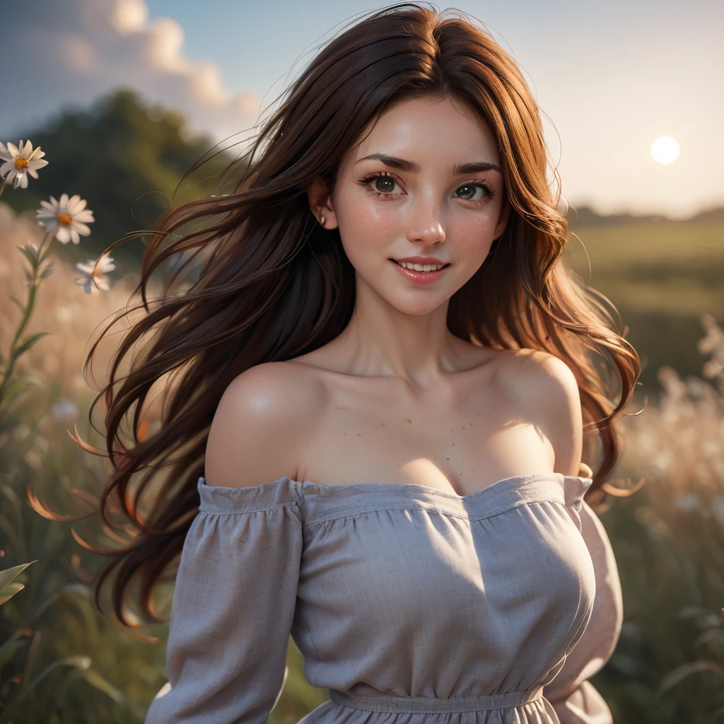 (GeGe:1.5), woman, brunette, brown eyes, freckles, safe_pos, score_9, score_8_up, score_7_up score_9, score_8_up, score_8, 1girl, large breasts, Best quality, masterpiece, ultra high res, (photorealistic:1.4), raw photo, 1girl, 30 yo woman, off shoulder dress, smile, glamorous clothing, country lane, vivid starry sky
 (ultra detailed face, ultra detailed eyes, ultra detailed lips, ultra detailed eyebrows)