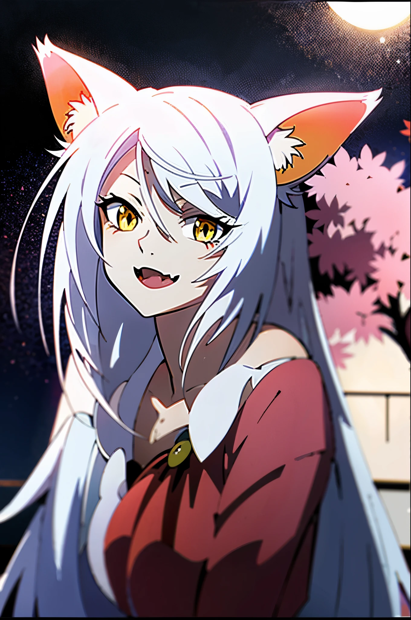 A slight smil,White Cat Woman,Yellow cat eyes,Long-sleeved pajamas,opened breast,Background Black