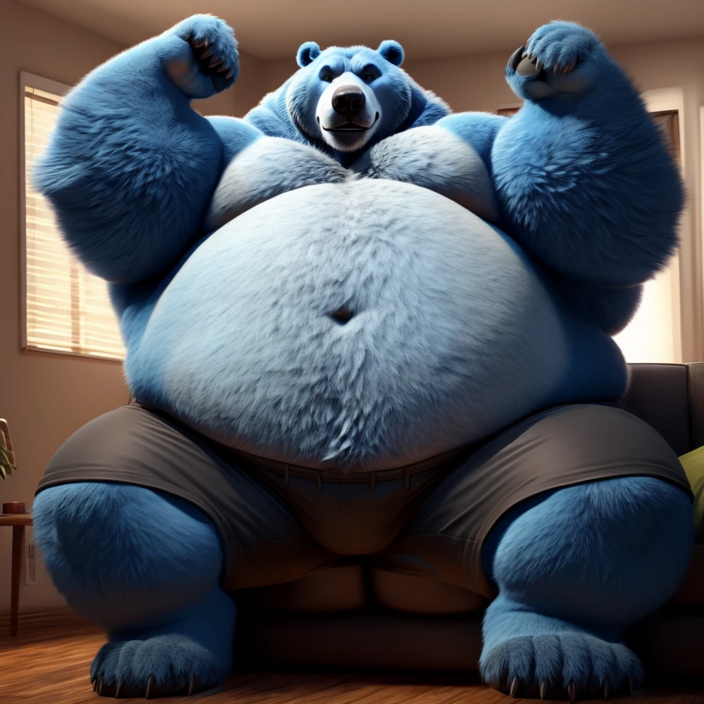 Fat Huge 500 Pounds Daddy Furry Blue Beast Grizzly Bear Big Belly, and Large Chunky body and wearing Black Shorts, sitting on the Sofa, His Belly is Bigger, Huge, Fat, Chunky, Furry, Big, and Huge, have his arms up and wanting a Hug