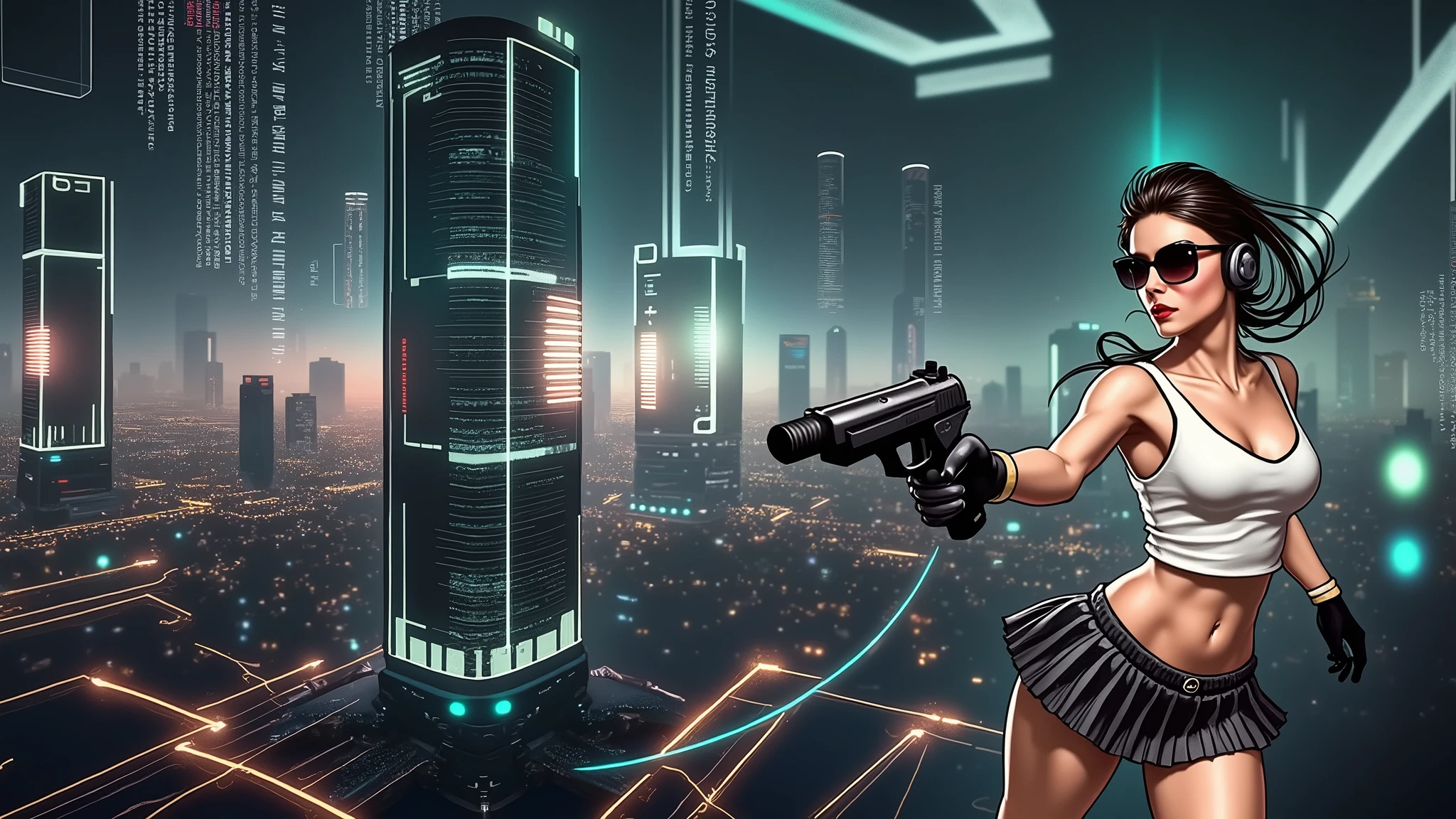 (Wide angle view). Matrix film inspired city, simple outlined neon tall buildings, glowing giant clock tower, lightning, glowing matrix cascading code, 3D rendering Beeple. At night, (1girl, solo, alone), photorealistic, large-breast slim:0.6 body, oval:0.5 face, cleavage:1.1, miniskirt, deep-v, ((upskirt)), glove, (Matrix style black micro sunglasses), ((aiming viewer with a short gun)), (half-body thigh level close-up shot), cinematic lighting, ray tracing.
