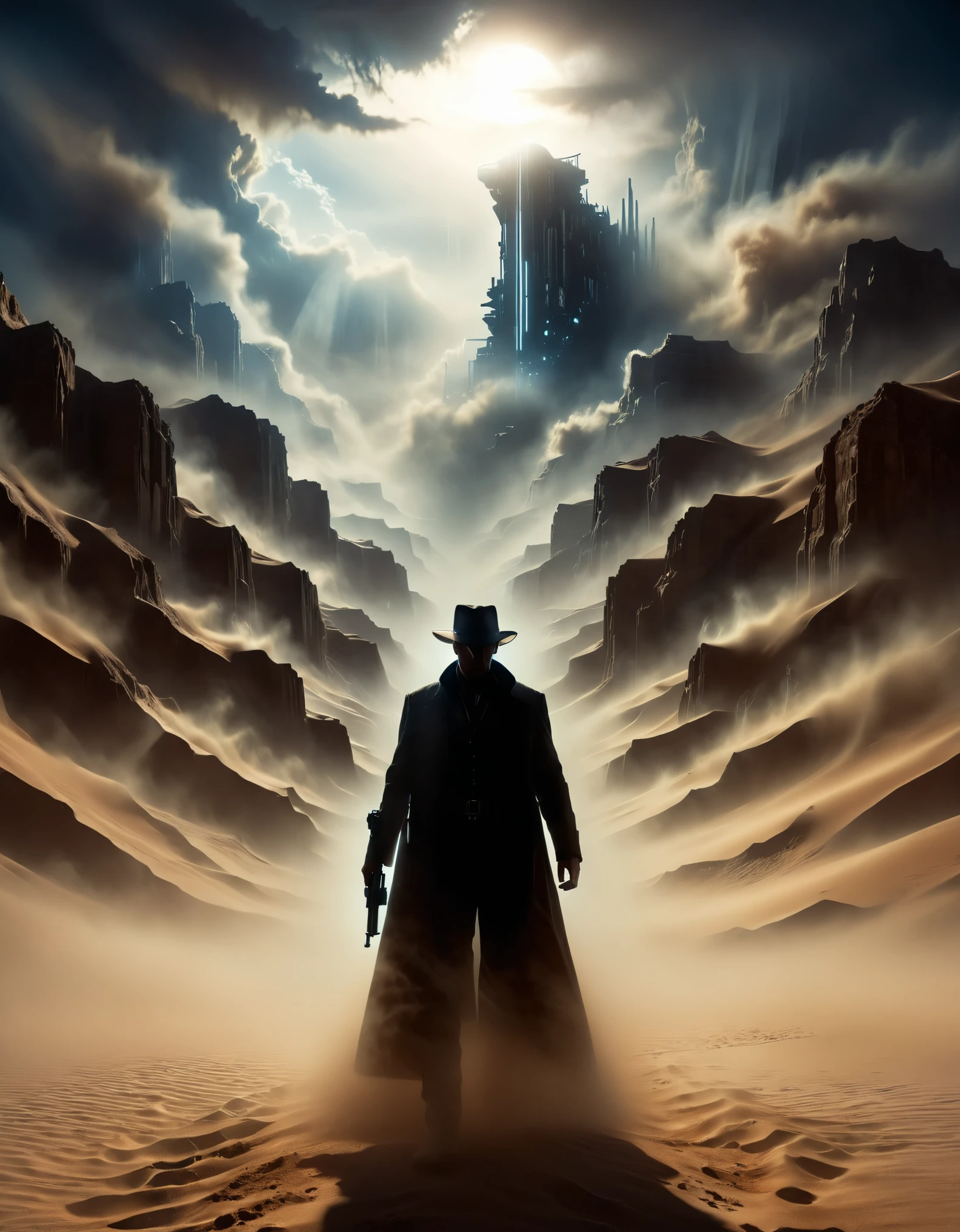 Roland of Stephen Kingâs The Gunslinger, back view, a sci-fi gunslinger amidst a deserted world with a distant glass tower, wearing long dirty coat, sandstorm, dust-covered sun, futuristic western, extremely detailed, cinematic light, masterpiece, ais-sinisterz