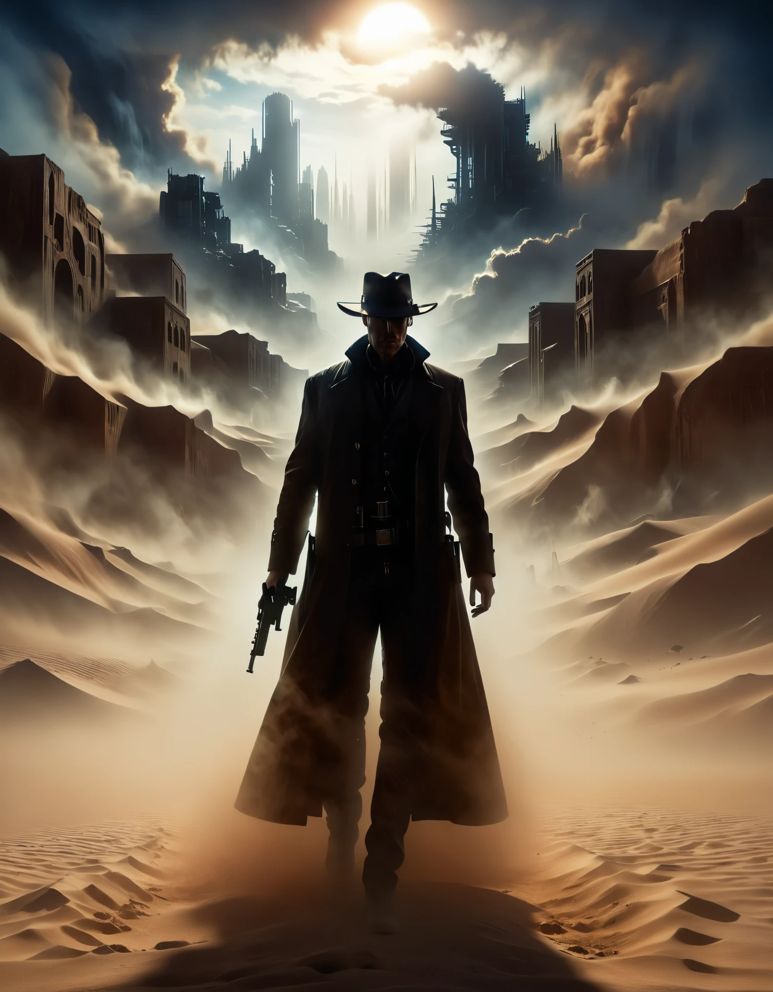 Roland of Stephen Kingâs The Gunslinger, back view, a sci-fi gunslinger amidst a deserted world with a distant glass tower, wearing long dirty coat, sandstorm, dust-covered sun, futuristic western, extremely detailed, cinematic light, masterpiece, ais-sinisterz