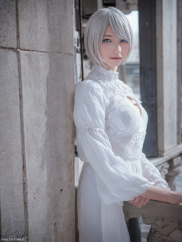 ((High quality)),masutepiece,(Detailed depiction of local details:1.2),1girl in,Blue eyes,large full breasts,Closed mouth,Eyelashes,Looking at Viewer,Portrait,Solo,Upper body,White hair,White theme,Short hair,Silver hair,shairband,Yorha No. 2 Type B,