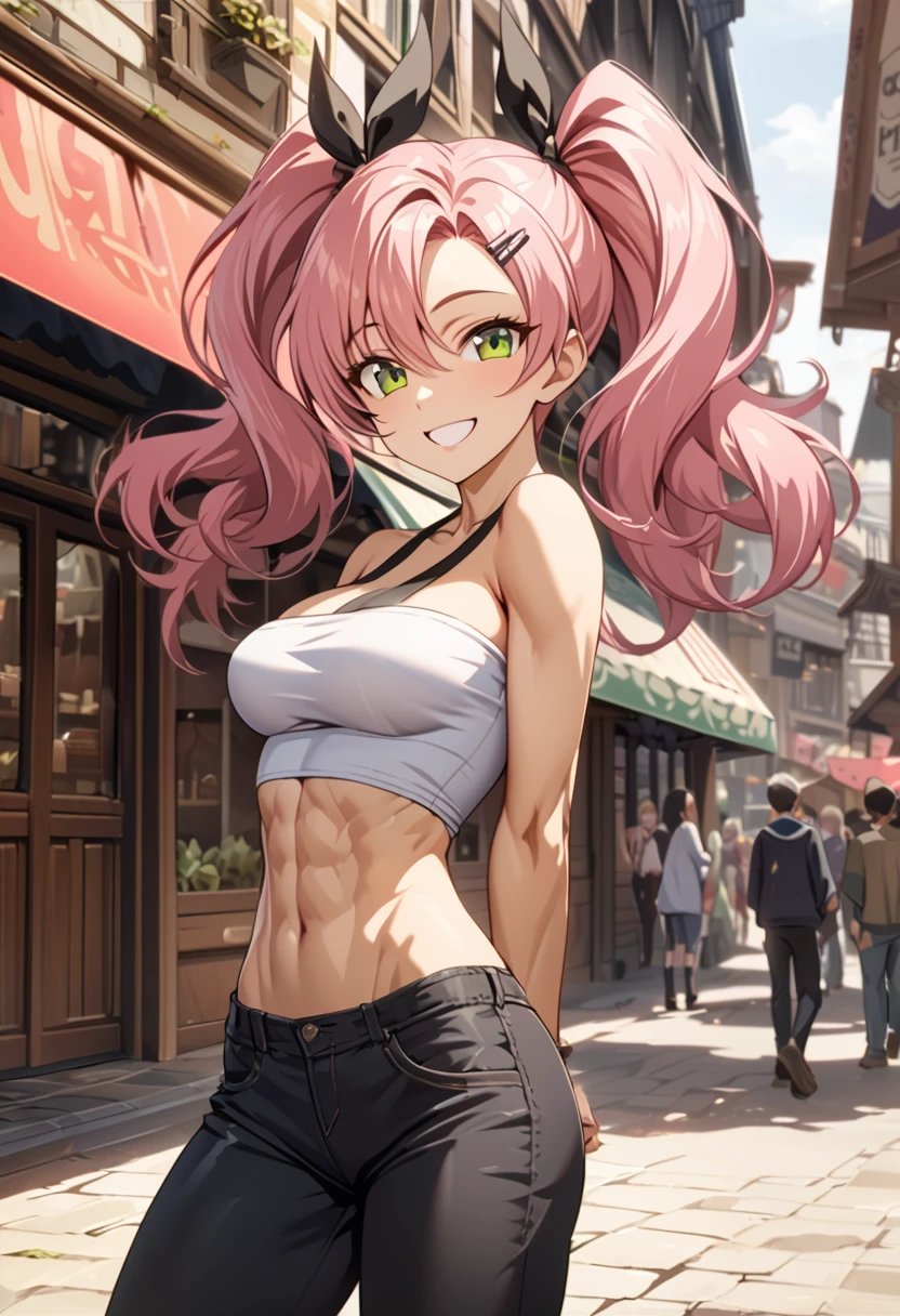 Highly detailed CG, High resolution, Highest quality, masterpiece,((in the town)),(1 woman,(beautiful face,perfect face,highly detailed beautiful face and eyes,attractive face),Nicole Demara(zzz),((Pink Hair)),black hair ribbons, Twin tails, Both sides up, (((tight long Tube top))), Exposing shoulders, Large Breasts ,black short jeans, Green Eyes,Hair Clip,stomach a little,slender eyes,toned,skinny,arms behind back,happy,smile,glad),