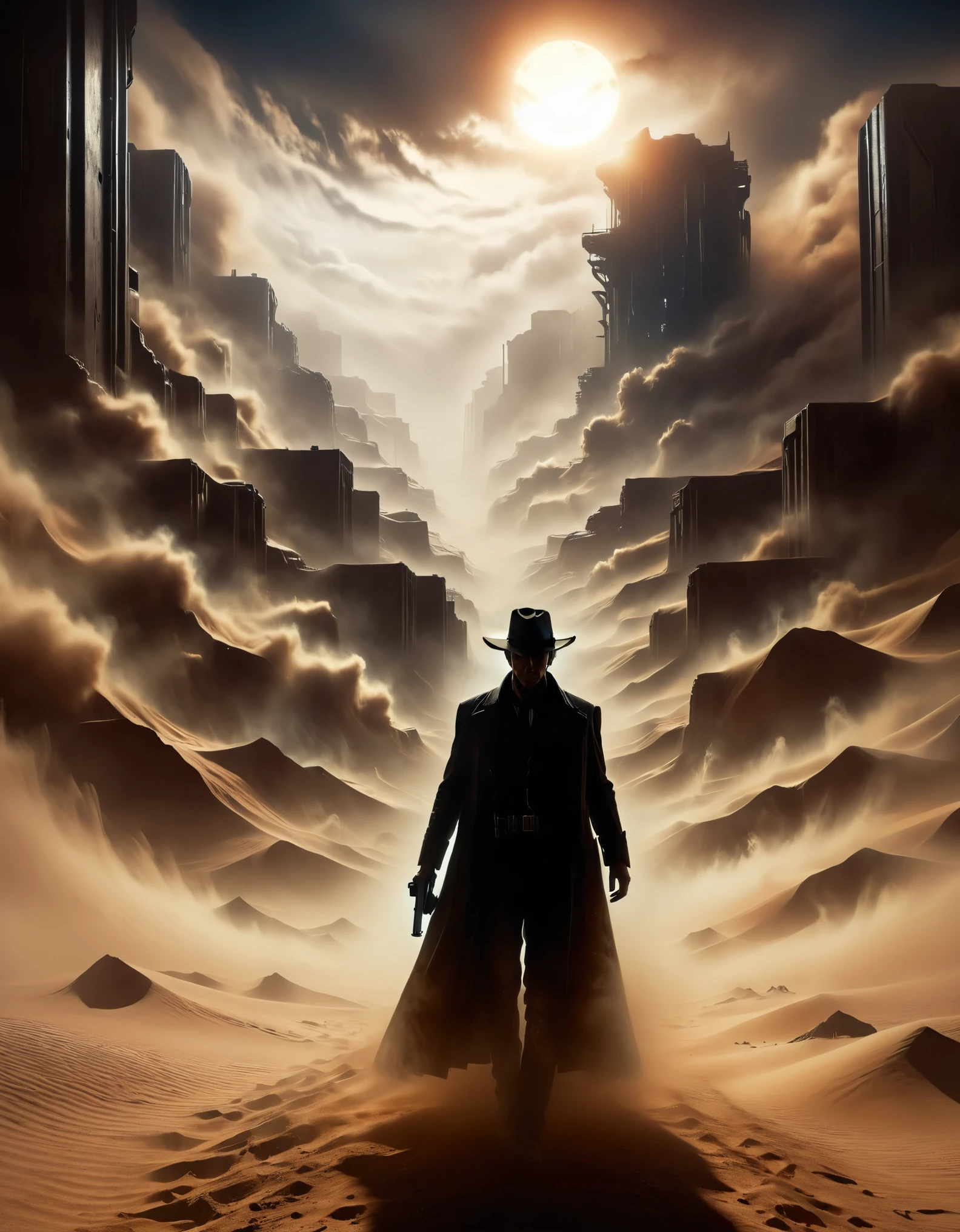 Roland of Stephen Kingâs The Gunslinger, back view, a sci-fi gunslinger amidst a deserted world with a distant glass tower, wearing long dirty coat, sandstorm, dust-covered sun, futuristic western, extremely detailed, cinematic light, masterpiece, ais-sinisterz