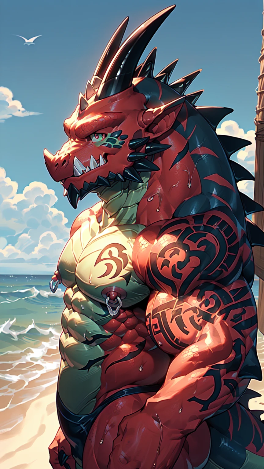 (naked:1.7), (solo:1.4),furry,anthro,kemono, (lizard:1.4), (reptile:1.4),(dragon:1.7),(orc:1.5),(tattoo:1.7),(teeth),(scalie:1.3)(veiny muscles:1.3),(tusks:1.5), (fangs:1.5),giant,(giant body), (shark tail:1.6),(dragon horns:1.7), (red body:1.6),(pure red body:1.6), eyes,digitigrade,claws,muscular male,(abs:1.6),chubby,(standing:1.2),(stomach tattoo:1.1),spread legs, (nice foot), (toe), (nice toe),(four toes), (bodily fluids:1.8), (nice eyes:1.3), (beautiful eyes), (bright eyes) ,beach,(huge muscle:1.2), (full body),(nipple:1.7),(nipple ring:1.7), (huge nipple),(tail fin:1.4),(fin:1.4), (stripes:1.2), (spikes:1.3),red abs, red legs, red arms, red chest, (thong)