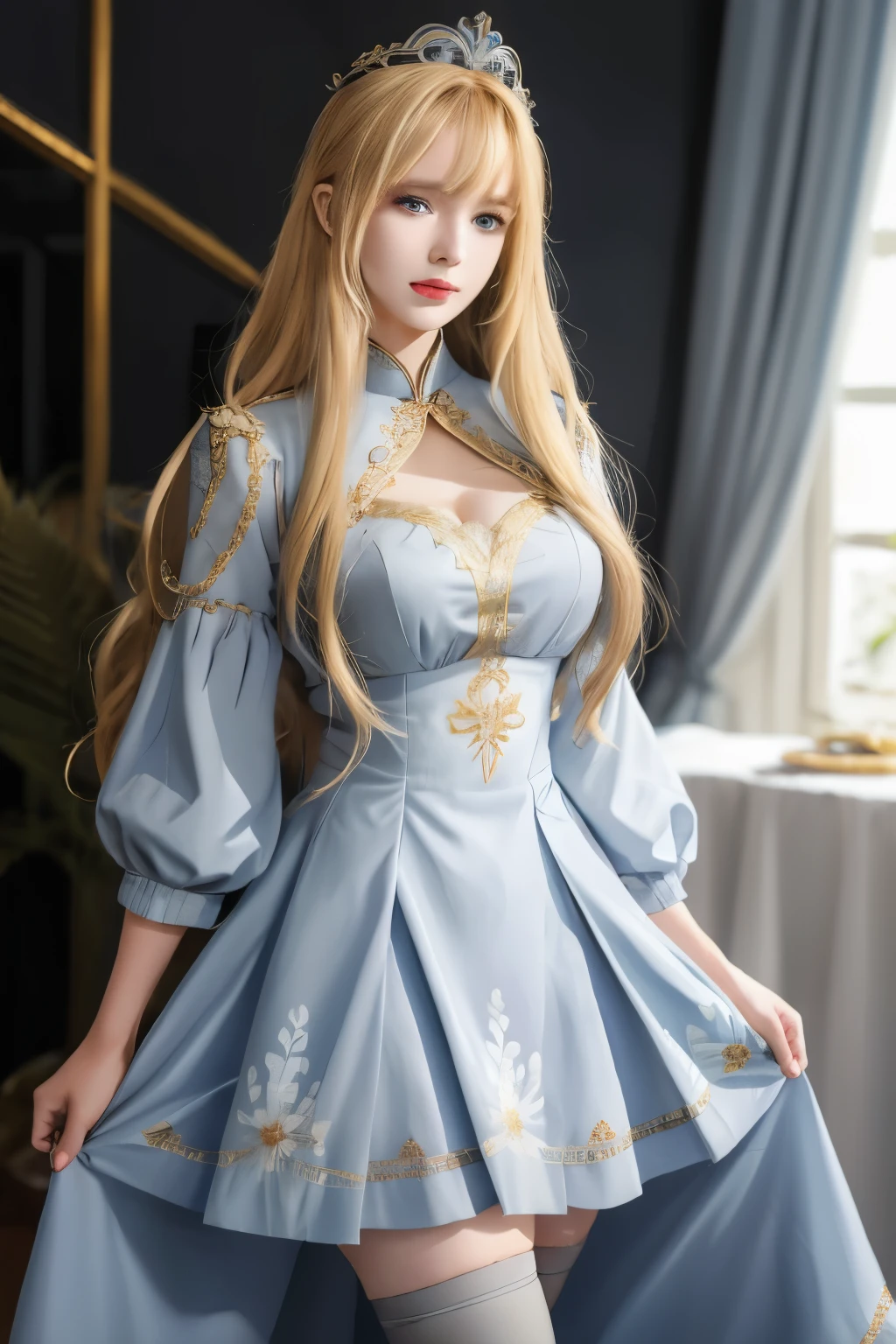 8k，necessary，masterpiece，high details，semi-realistic，1 girl，junior，1，lieutenant，Her long blonde hair is covered with bangs that cover her right eye.，Blue right eye，Jewelry Crown，Azure Chinese Dress，long skirt，Light gray stockings，Slim figure，