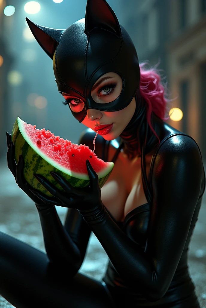 a portrait of a female vampire eating a (bloody donut: 1.3), an exotic exquisite beautiful female vampire, dynamic hair color, wavy hair, dynamic eyes color, (glowing  eyes: 1.1), intense eyes, wearing glamour silk dress, intricate detailed dress, dynamic color dress, dynamic style dress, (eating  a large donut soaked with blood: 1.3), blood dripping from the donut, (cherries: 1.1), (whipped cream: 1.1), dark fantasy pastry shop background,  vibrant, Ultra-high resolution, High Contrast, (masterpiece:1.5), highest quality, Best aesthetics), best details, best quality, highres, 16k, [ultra detailed], masterpiece, best quality, (extremely detailed) RAW, (ultra details, Masterpiece, best quality),   Dark Art Painting Style, Intense gaze, blood, Cinematic Hollywood Film
