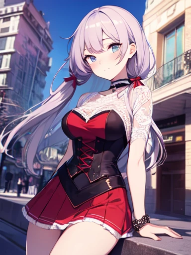 ((masterpiece)), ((Best Quality)), anime style, 1girl, solo, The most detailed skin, Lace blouse, corset, high-waist skirt, knee-high stockings, a hint of lace underwear showing, short-heeled boots, choker around the neck, lace bracelet on the wrist, //, Stunned expression, Girl with troubled face, Ecstasy, (sexual expression), smile, blush, Red face, //, large breasts, voluptuous body, //, Twin tails hair, Pale lavender hair color, (beautiful eyes), white skin, //, Downtown, in front of a cafe, with people passing by, (thick lines:1.2)