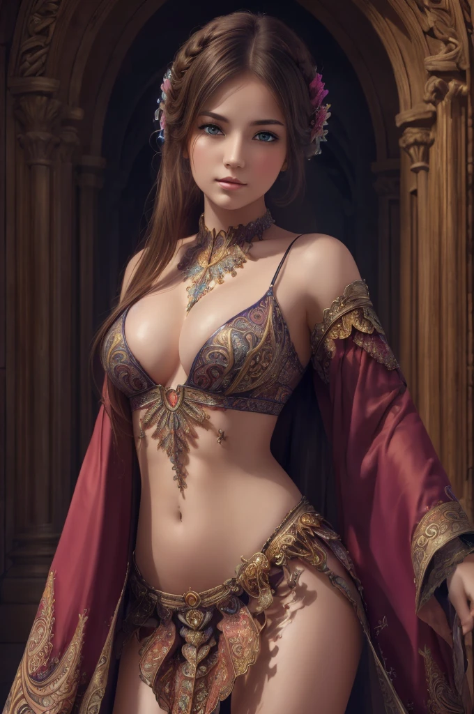 detailed lips, long wavy hair, serpents for hair, fierce expression, pale complexion, mesmerizing gaze, mythical creature, dark and mysterious background, vibrant colors, soft lighting, (hyperrealistic), (illustration), (high resolution), (8K), (extremely detailed), (best illustration), (beautiful detailed eyes), (best quality), (ultra-detailed), (masterpiece), (wallpaper), (photorealistic), (natural light), (detailed face), (high detailed realistic skin texture), (anatomically correct), (solo), (1 girl:1.51), (high detailed realistic hair), (caramel hair:1.35), (heterochromic eyes), (detailed eyes), (blue eyes:1.37), (sparkling eyes), (realistic big breasts:1.5), (slender abs), (dynamic pose), (closed tiny mouth:1.3), (happy expression), (upon body from head to thigh:1.33), (smile:1.32), (dimple:1.31)