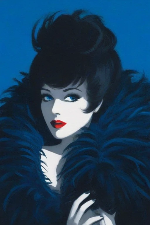 Colorful vector illustration of a woman with a feather boa using only the colors blue, in black and white, cropped image, by Malika Favre 