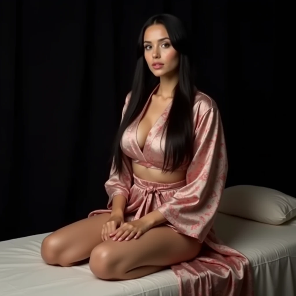 Woman 20 years old, White skin, long straight black hair, green eyes, She was wearing a small robe that revealed her enormous breasts.., sitting on a massage table, Photo studio, Black background