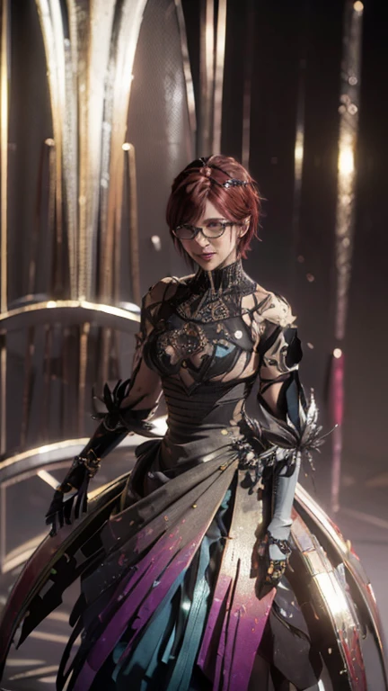 Short, Red hair, green eyes, dress 2B from Nier automata, smile,  girl similar to 2B, metal frame glasses. (masterpiece, top quality, Best quality, official art, beautiful and aesthetically pleasing:1.2), extremely detailed,(fractal art:1.2),colorful,The most detailed, (dynamic pose), (abstract background:1.5), (Many colors:1.4). ((split. skin texture, Shiny skin. elegance. photorealism. unreal engine. 3D model. Ultra high quality textures. high detail. permission 8k))