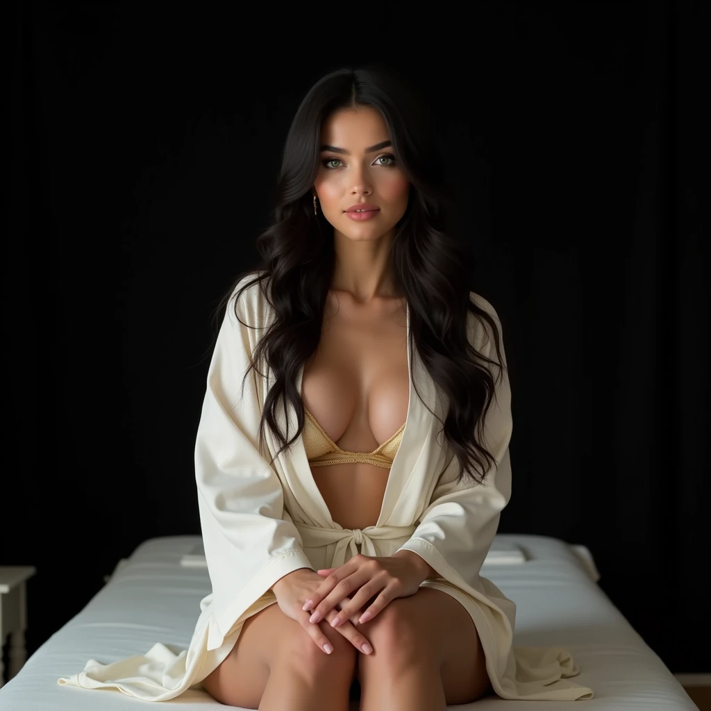 Woman 20 years old, White skin, long straight black hair, green eyes, She was wearing a small robe that revealed her enormous breasts.., sitting on a massage table, Photo studio, Black background