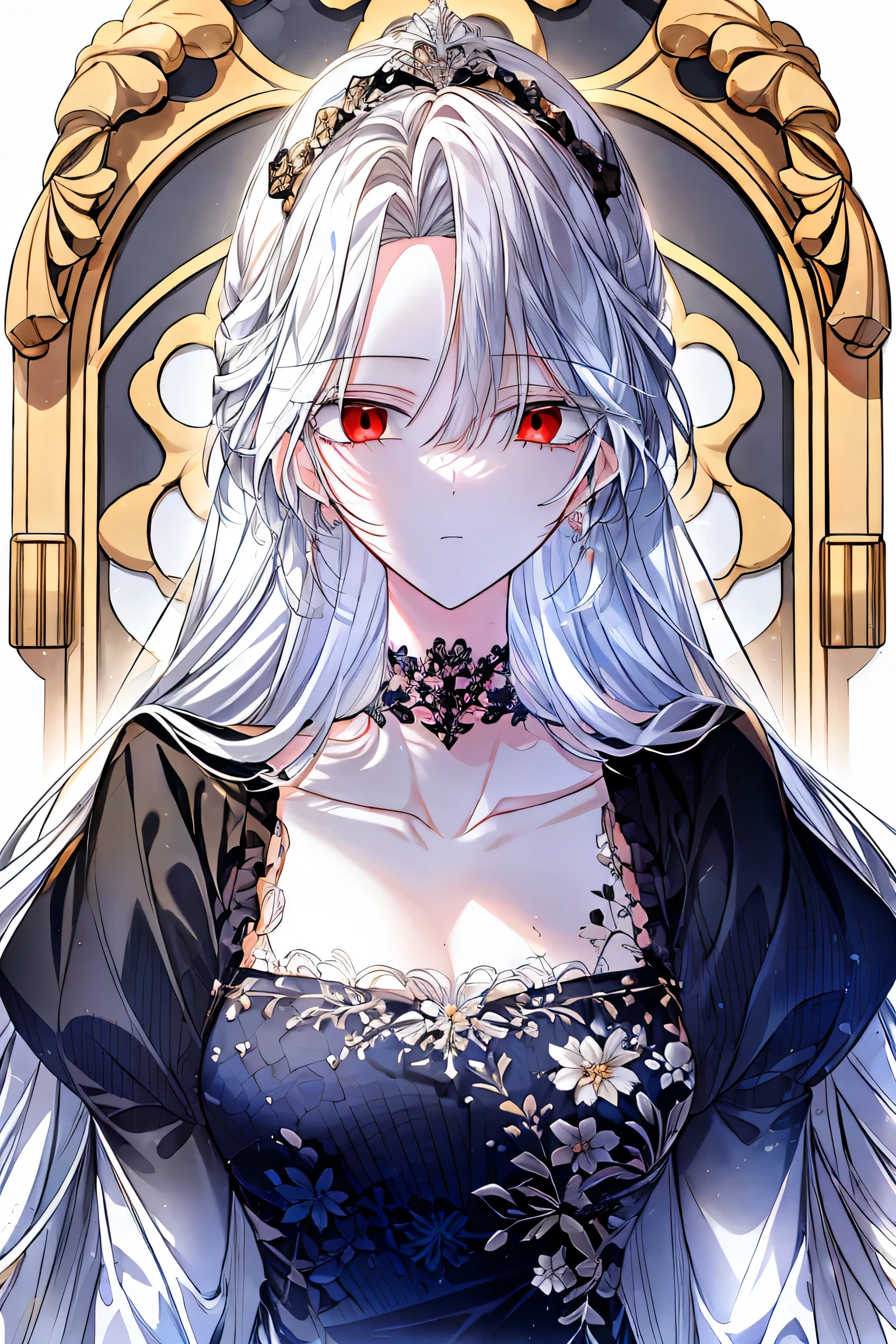 shoujo-style, jk style, (floral background), romance manhwa, (1 girl), (aligned), dominant, white hair, solo, very long hair, flower, dress, tiara, white dress, gloves, long sleeves, choker, red eyes, mascara, makeup, black bow, black flower, wavy hair, bow, jewelry, looking at viewer, white background, collarbone, puffy sleeves, silver accessories, upper body, parted bangs, blue dress, frills, bangs, closed mouth, detailed eyes, (close up)