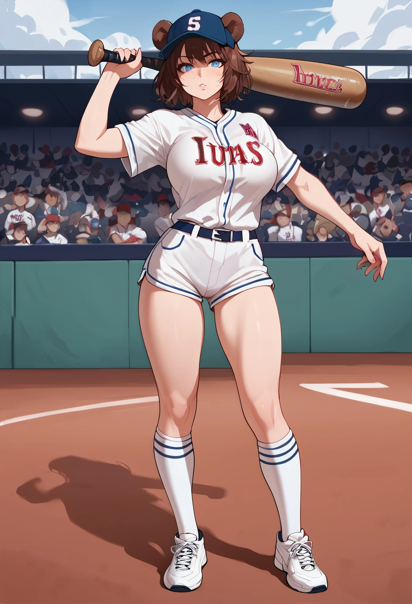 score_9_up, score_8_up, score_7_up, 1girl, solo, source_anime, , Big breasts, kemonomimi, bear ears, brown hair, short hair, messy_hair, blue eyes BREAK freckles, baseball girl, baseball, white sportswear, baseball cap, baseball uniform, knee socks, white socks, white sneakers, standing, outdoors, stadium, baseball bat, holding, looking at viewer, batting stance