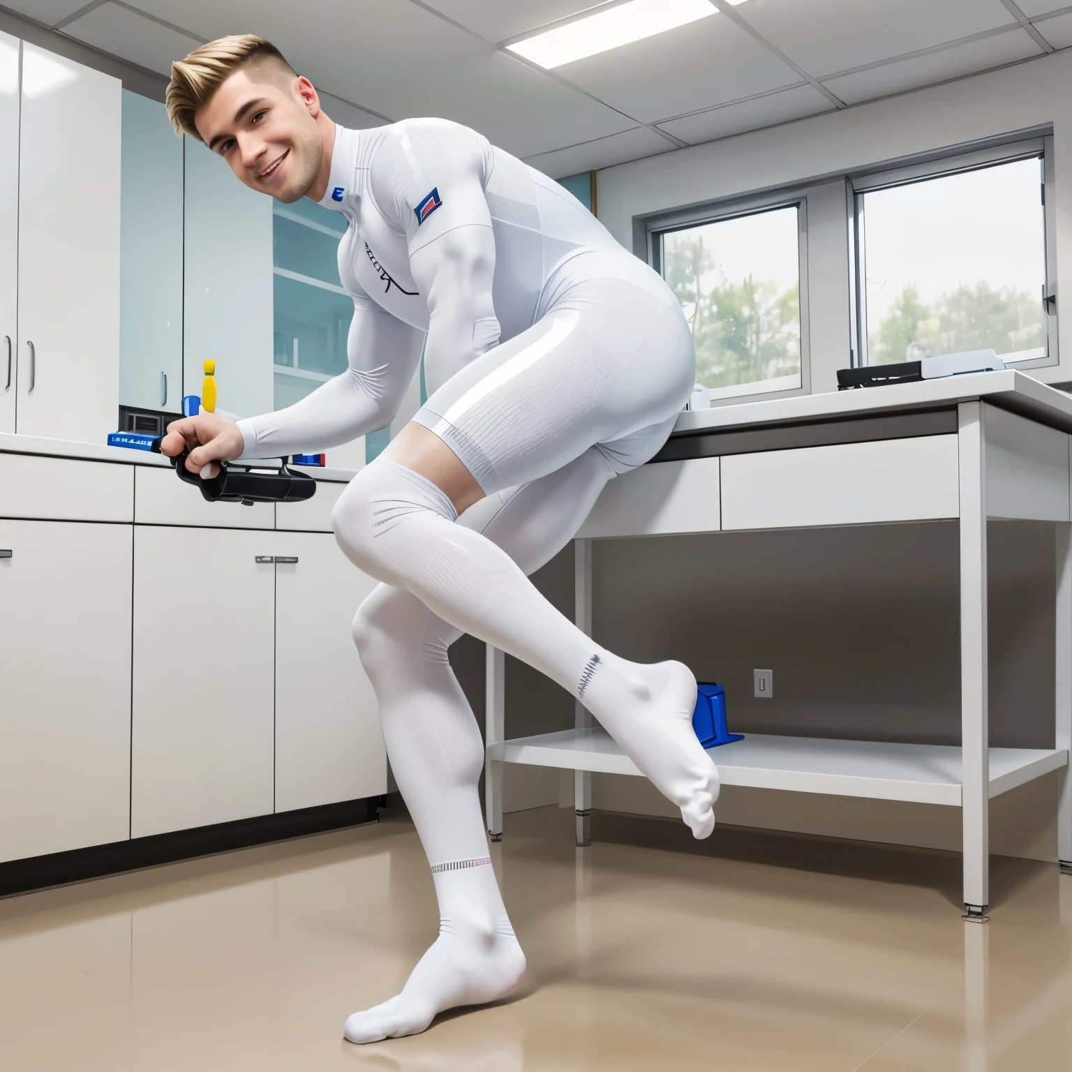 SeaArt Bot Upscaling Par Défaut 13:38:07  
Full length view of a handsome smiling 2 Caucasian over-muscular young man with short blonde clean undercut hair, wearing a very tight shiny white cycling skinsuit, in white cycling socks, shoes off, showing off white nylon socks,. He is being electronically be monitored before a cycling event. Highly detailed photo in a hi-tec laboratory .techno pro white nylon socks must be seen
