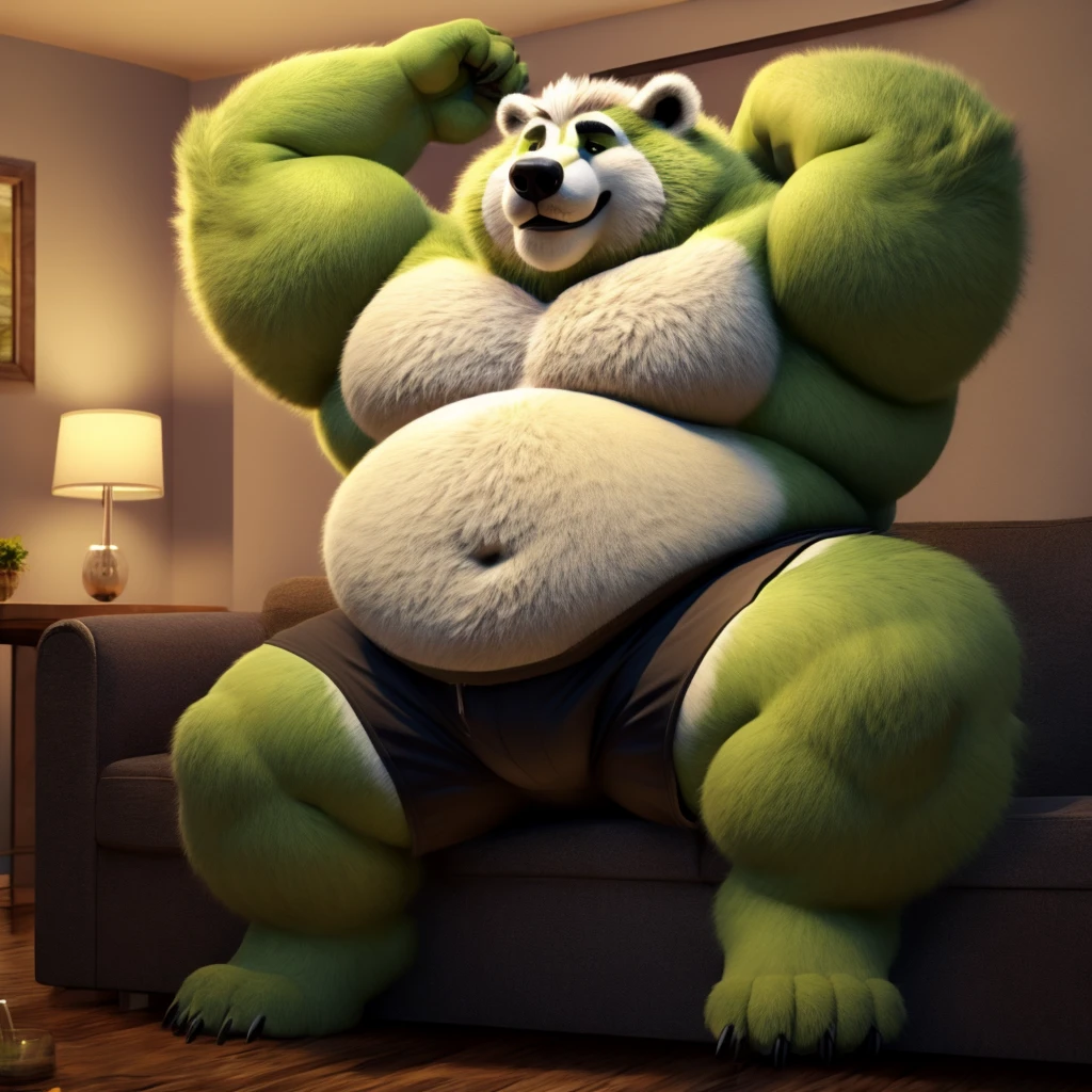 Fat Huge 500 Pounds Daddy Furry Lime Beast Badger Big Belly, and Large Chunky body and wearing Black Shorts, sitting on the Sofa, His Belly is Bigger, Huge, Fat, Chunky, Furry, Big, and Huge, have his arms up and wanting a Hug