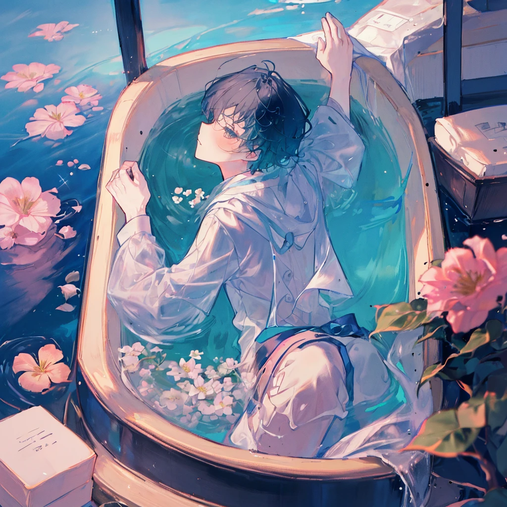 Boy in the bath,Boy soaking in the bathtub,Boy with open clothes,Boy wearing a bathrobe or shirt,Black Hair,（Highest quality,4K,8k,High resolution, masterpiece:1.2),Super detailed,(Actual,Realistically,Realistically:1.37),1 teenager,Staring at the ceiling for a moment,The water is slightly rippling on the floor.,The floor is visible,Crystals on the floor,There are flowers in the bathtub。,Light is streaming into the room,The bathtub is bigger than the boy.