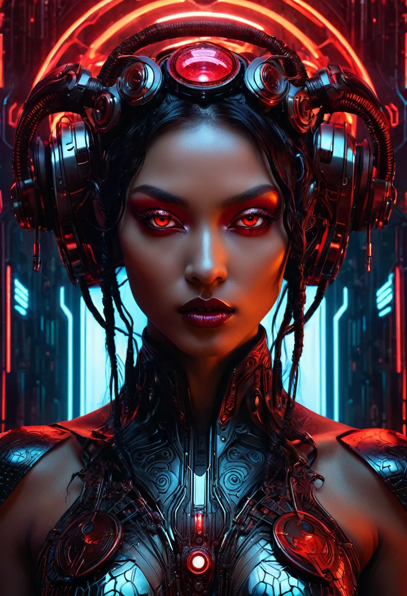 The image is a striking close-up collage that blends elements of sensuality, beauty, and a dark cyberpunk aesthetic. At the center is a mesmerizing figure: a sensual and alluring incubus, portrayed with sharp, ethereal features that captivate and intrigue. The incubus has a striking appearance with deep, red-toned skin and captivating eyes, surrounded by a halo of subtle, glowing cyberpunk symbols.