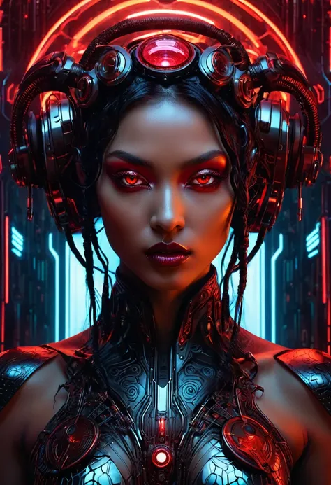 the image is a striking close-up collage that blends elements of sensuality, beauty, and a dark cyberpunk aesthetic. at the cent...