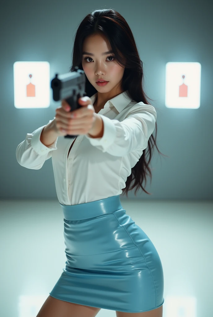 beautiful chinese office lady in mini skirt prone aiming with legs spread shooting range target