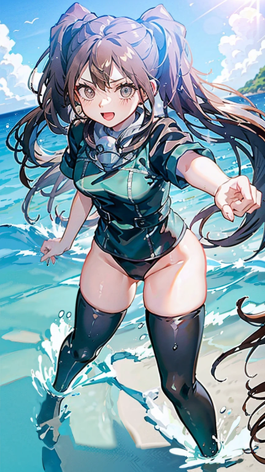 tone,/(kantai_collection/),(((Having fun splashing around in the water at the beach))),in uniform,twintail_hair,closed_one_eye