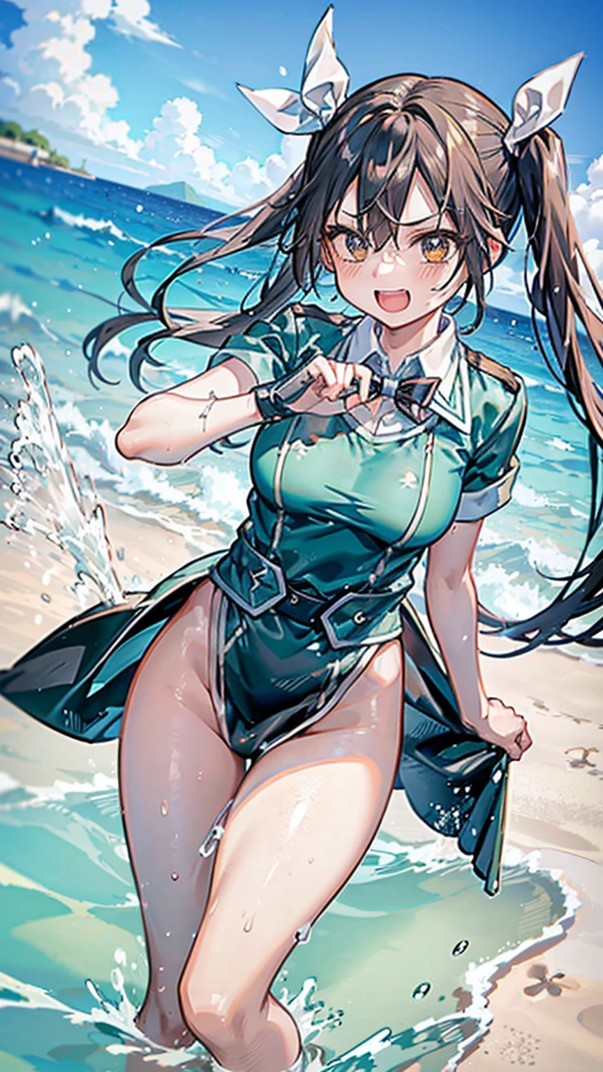 kamehameha,tone,/(kantai_collection/),(((Having fun splashing around in the water at the beach))),in uniform,twintail_hair,closed_one_eye