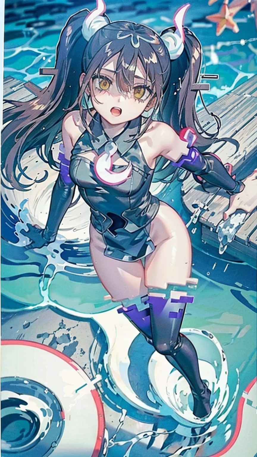 tone,/(kantai_collection/),(((Having fun splashing around in the water at the beach))),in uniform,twintail_hair,closed_one_eye