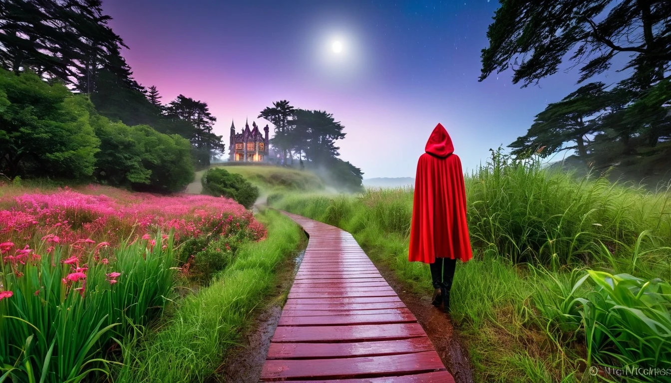 A mystical HDR scene: a beautiful woman, coastal view, wears a red hooded cape, standing on a wet path in the forest STANDING on a red stone path runs through the forest as a light rain falls. Water droplets shine on the ground. a gigantic Victorian Gothic-style house stands, with a narrow path of red mist and steam leading to it. A purple ramp stretches towards infinity, Around it are giant trees, red and pink flowers and a small cyan-blue river. An ivory-white bridge with gold detailing arches over the river. Fireflies dance in the grass under a clear night sky with a full moon. From a distance,