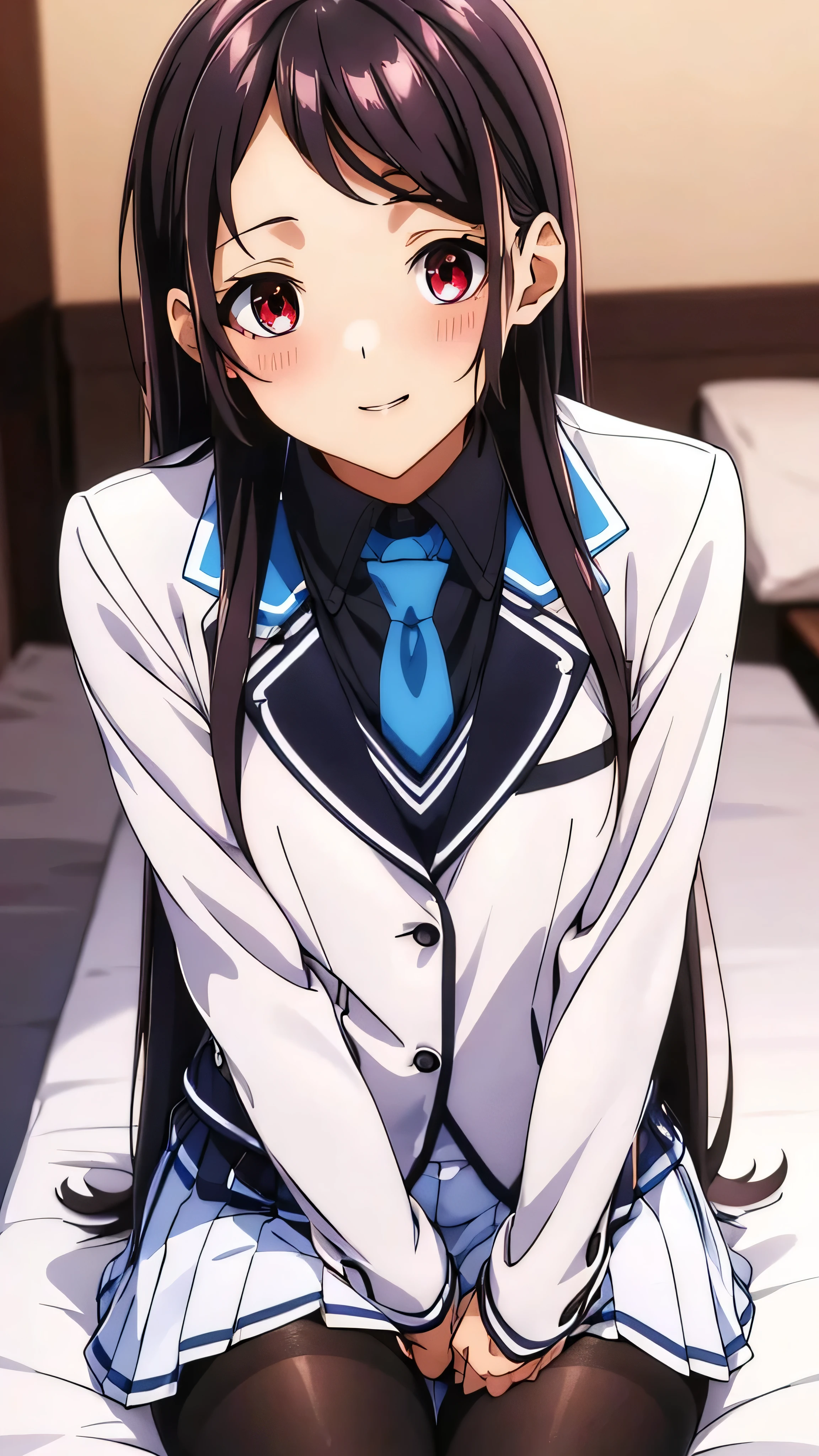 Show your armpits,Kaori Hojo, girl, (masterpiece: 1.1), (highest quality: 1.1), red eyes, long hair, cute smile, blush, parted lips,((school uniform), jacket, sleeve, tie, white skirt),  pantyhose, loafers, bed room, ((sitting on bed, cute posing:1.1, looking  at viewer:1.1)), (close-up:1.2), gravure,