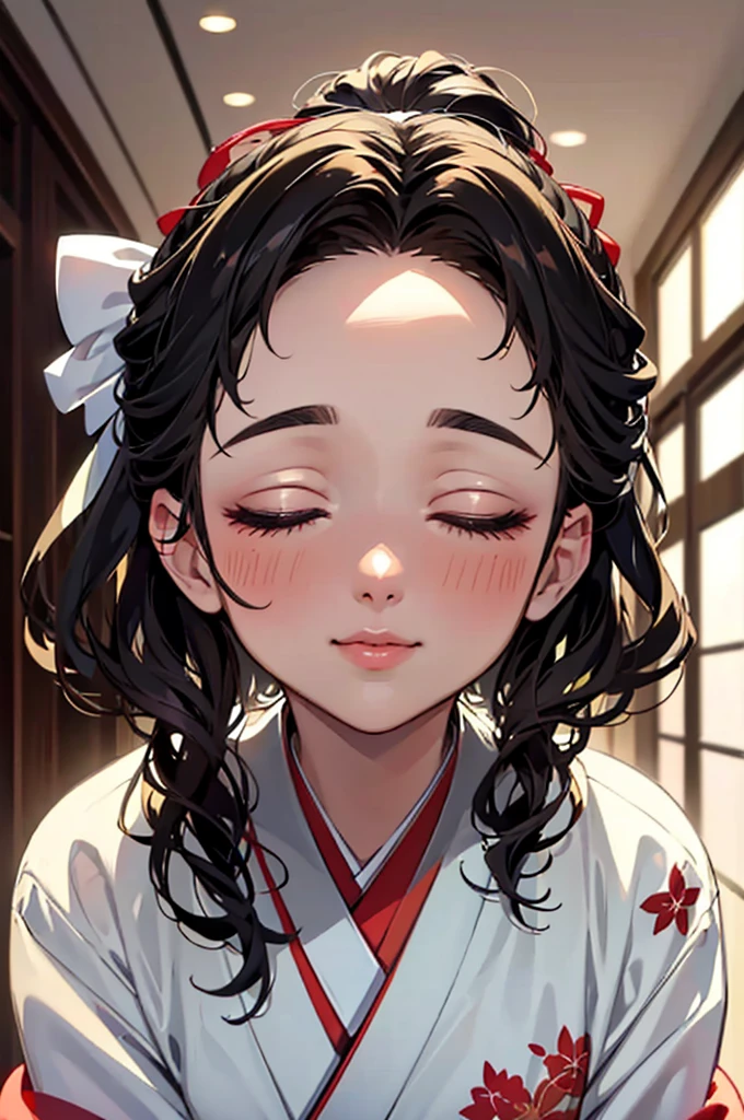 ((((High resolution, Intricate details, masterpiece, 8k, close-up, from front, Full Color)))), (((beautiful, Eyes closed, Focus on the face, incoming kiss, kimono))), ((One Woman, light smile, Red cheeks,)), (Black Hair, Beautiful forehead, Long Hair, ponytail, Big ribbon, Glowing Skin), from front, looking at viewer, look at viewer, indoor,