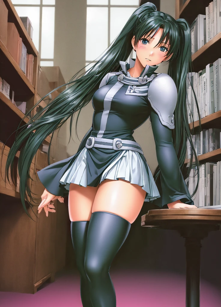 Lenalee, with her beautiful legs and twin tails, is standing in the library wearing a miniskirt uniform and black knee socks.。