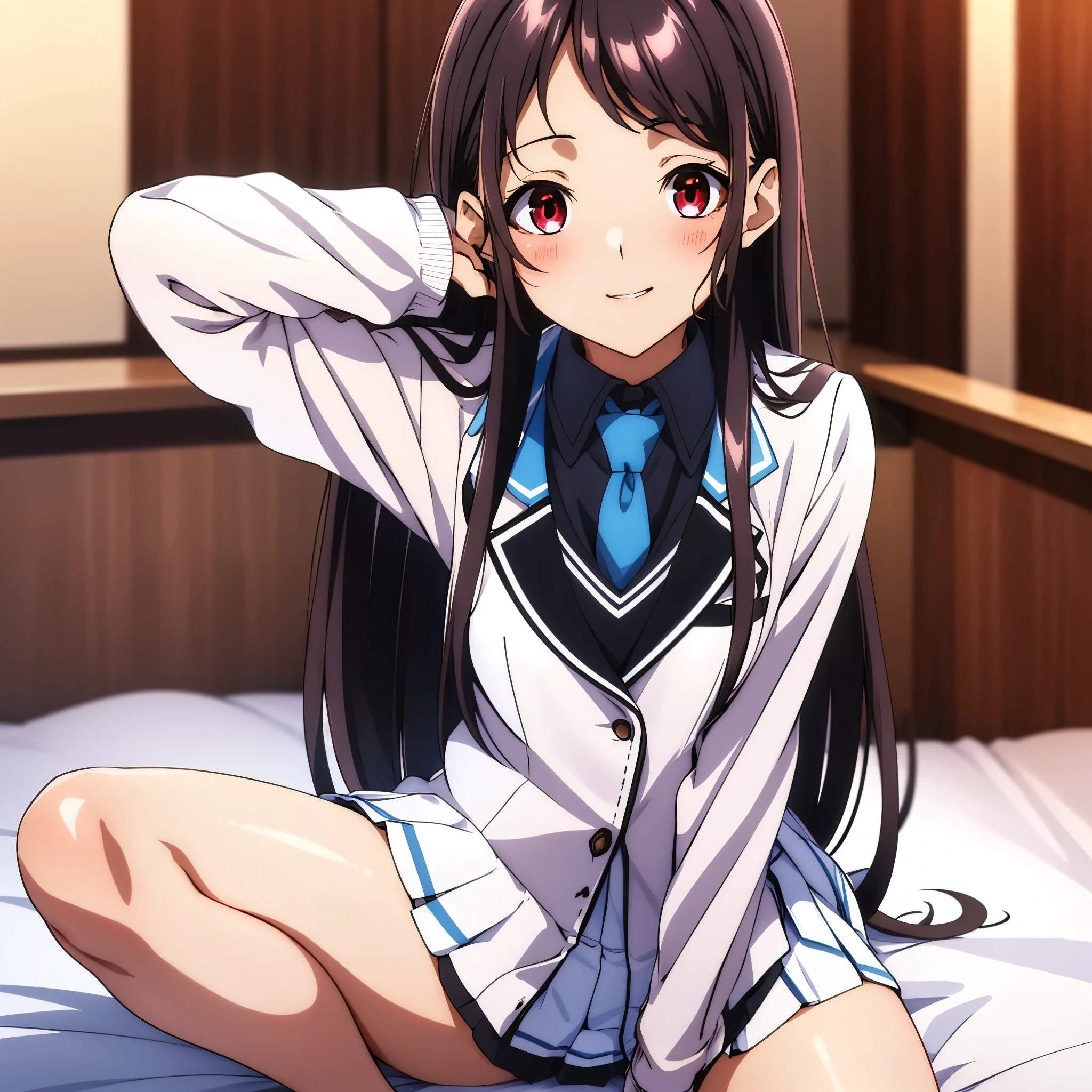 Show your armpits,Kaori Hojo, girl, (masterpiece: 1.1), (highest quality: 1.1), red eyes, long hair, cute smile, blush, parted lips,((school uniform), jacket, sleeve, tie, white skirt),  pantyhose, loafers, bed room, ((sitting on bed, cute posing:1.1, looking  at viewer:1.1)), (close-up:1.2), gravure,