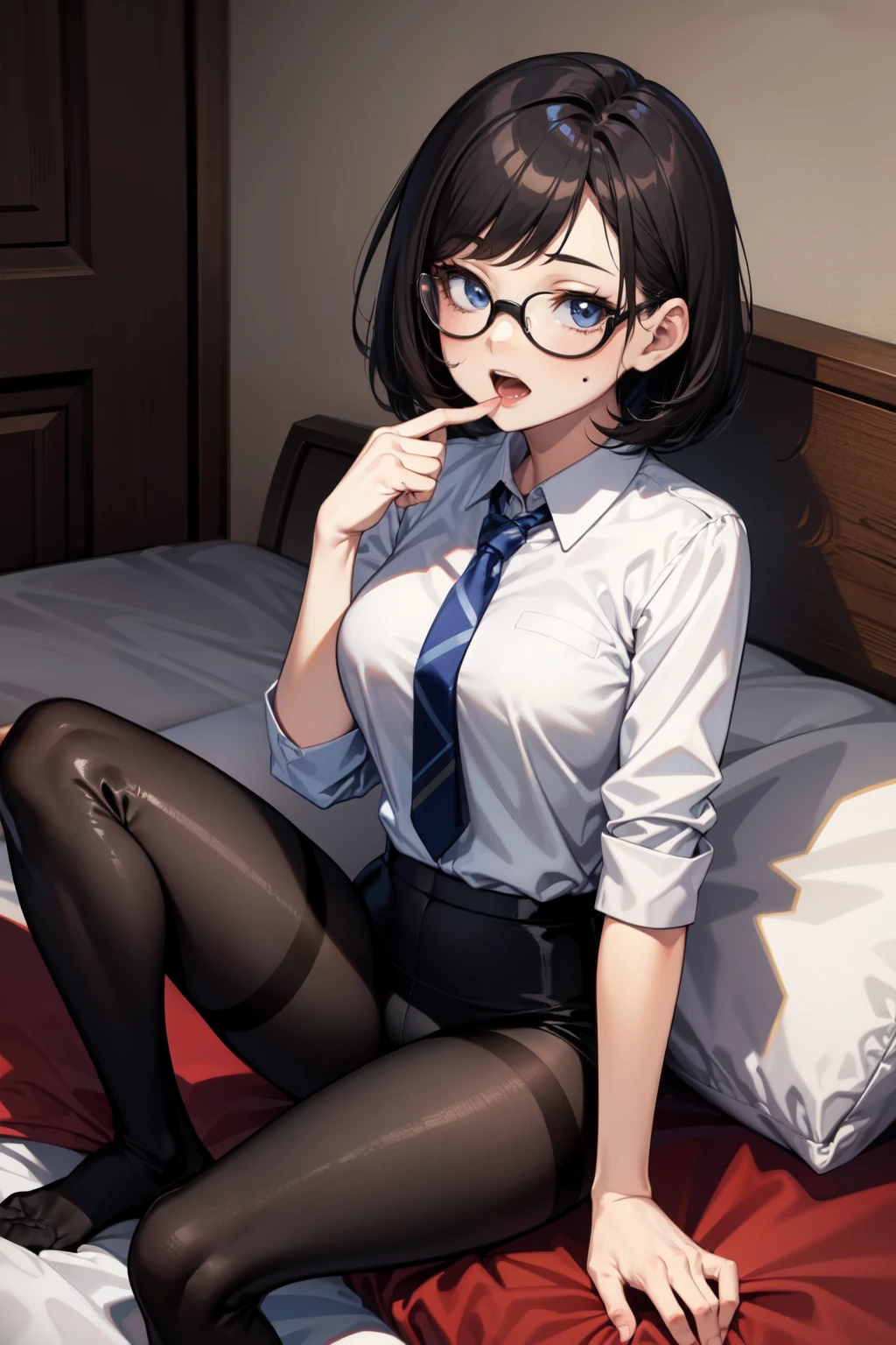 Girl, young, 1, childish face, round face, wearing black business suit on upper body, black business pants on lower body, wearing large round glasses, semi short black hair, one mole around mouth, wearing a tie, sitting on bed with hips sticking out, black tights, no shoes, full body shot, high quality, illustration style, anime style