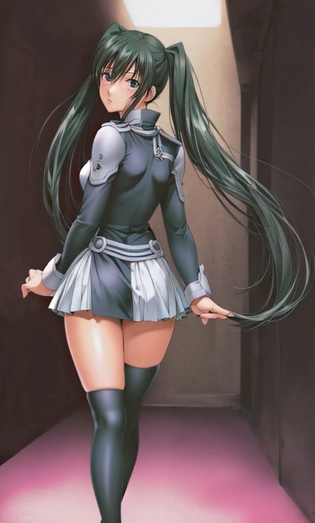 Lenalee, with her long, beautiful legs and twin tails, is walking down a dimly lit hallway in a miniskirt uniform and black knee socks.。Angle from behind。