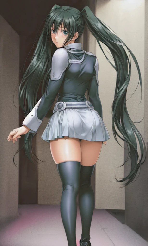 Lenalee, with her long, beautiful legs and twin tails, is walking down a dimly lit hallway in a miniskirt uniform and black knee socks.。Angle from behind。